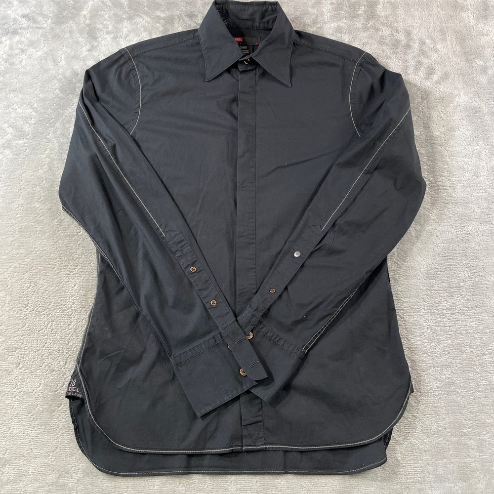 Diesel Shirt Mens Large Black Hidden Button Contrast Stitch Minimalist Preppy